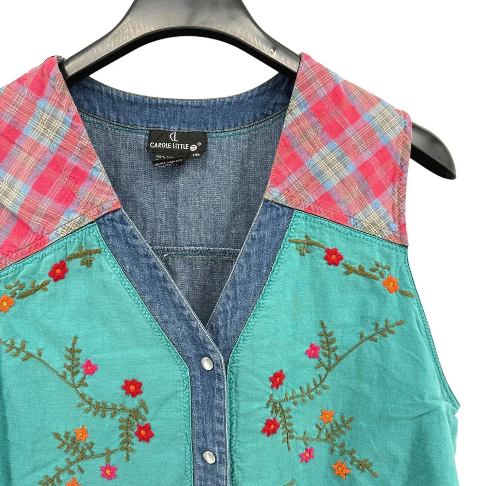 Vtg. Y2K Carole Little Floral Embroidered Denim Vest Western‎ Plaid Womens 14W